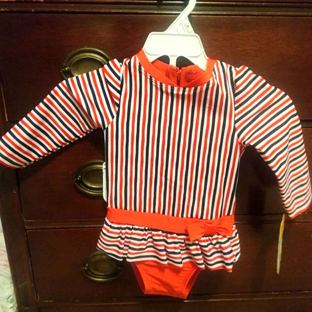 Nwt 12-18 Months Cat & Jack 1 pc Striped rash guard swimsuit with snap crotch